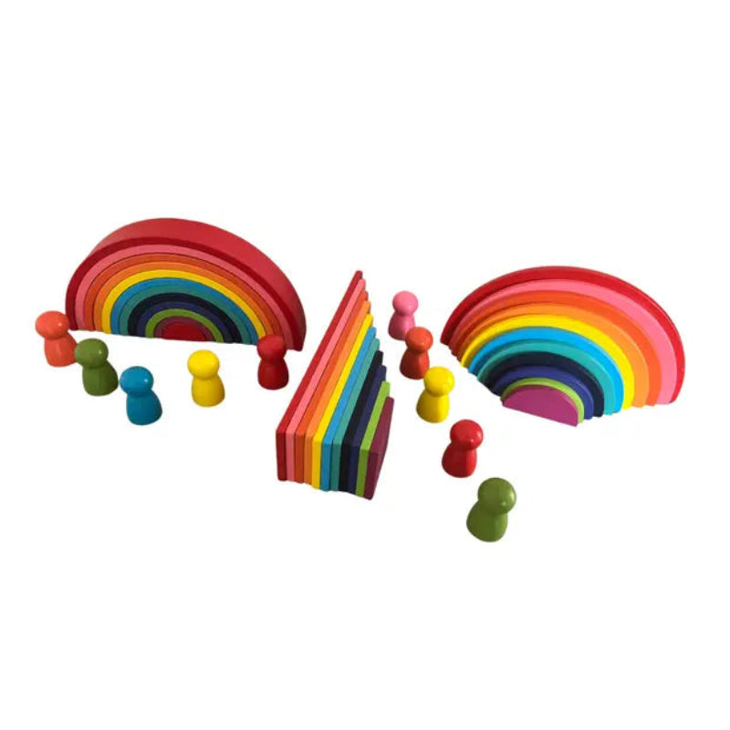 Set piese din lemn, curcubeu multicolor Montessori cu 44 de piese pentru joaca creativa si constructie