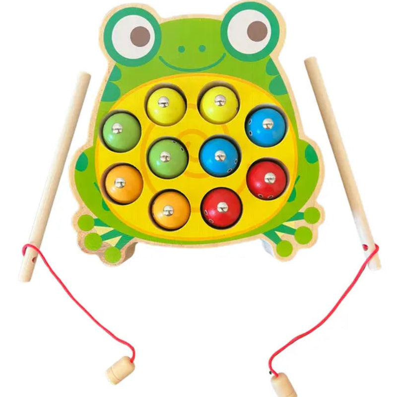Joc interactiv, magnetic, Montessori, din lemn – Broscuta cu 12 pesti si 2 undite