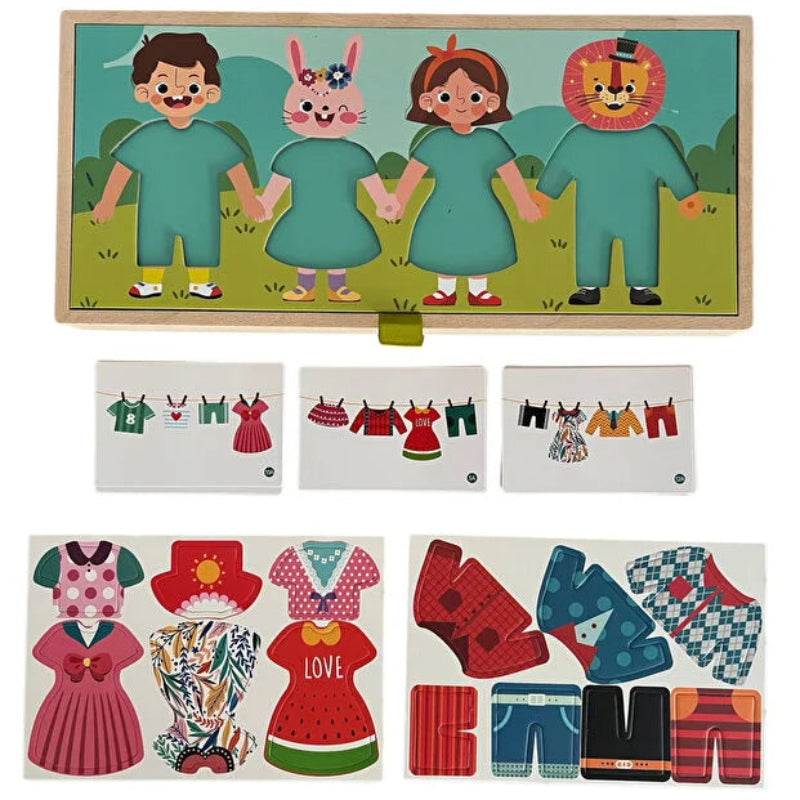 Joc din lemn Montessori imbracat personaje si intins rufe cu carlige