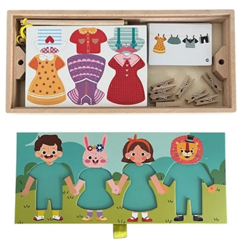 Joc din lemn Montessori imbracat personaje si intins rufe cu carlige