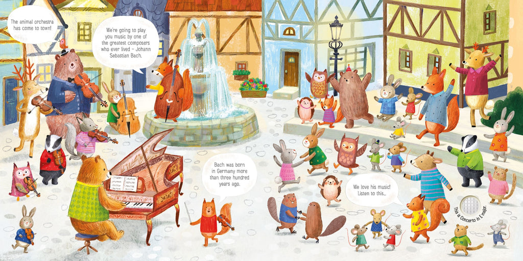 Carte interactiva cu sunete Orchestra animalelor canta Bach, The Animal Orchestra plays Bach, Usborne, +6 luni