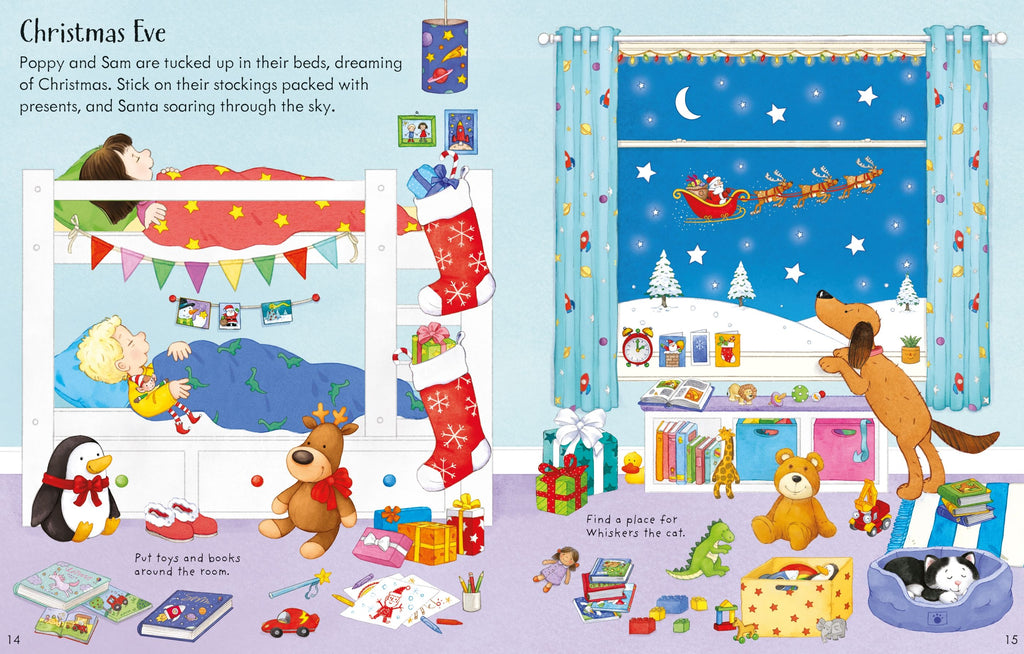 Carte interactiva cu stickere de Craciun, Poppy and Sam's Christmas Sticker Book, Usborne, +3 ani