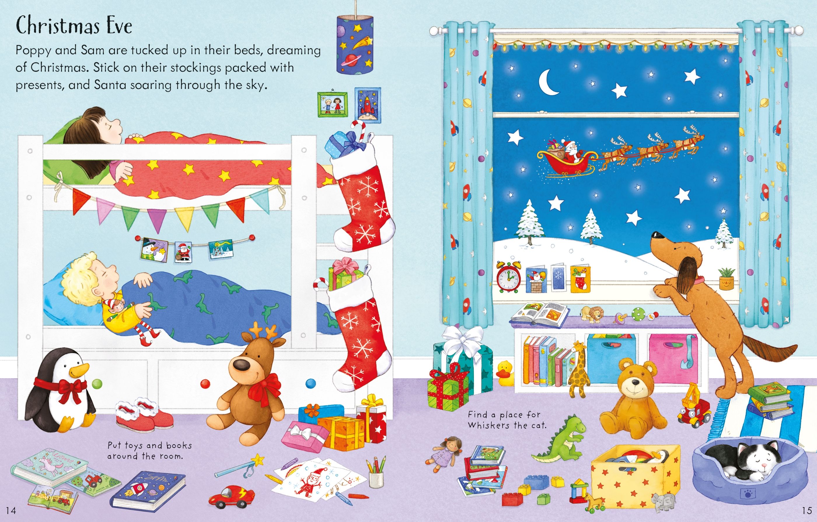 Carte interactiva cu stickere de Craciun, Poppy and Sam's Christmas Sticker Book, Usborne, +3 ani