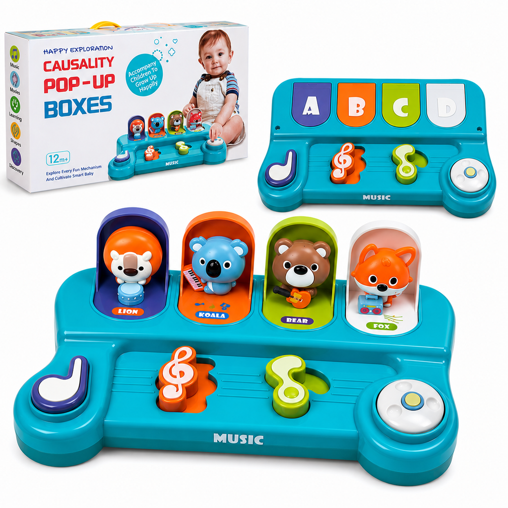 Jucarie muzicala interactiva Pop-Up cu 4 animale – leu, koala, urs si vulpe, +12 luni