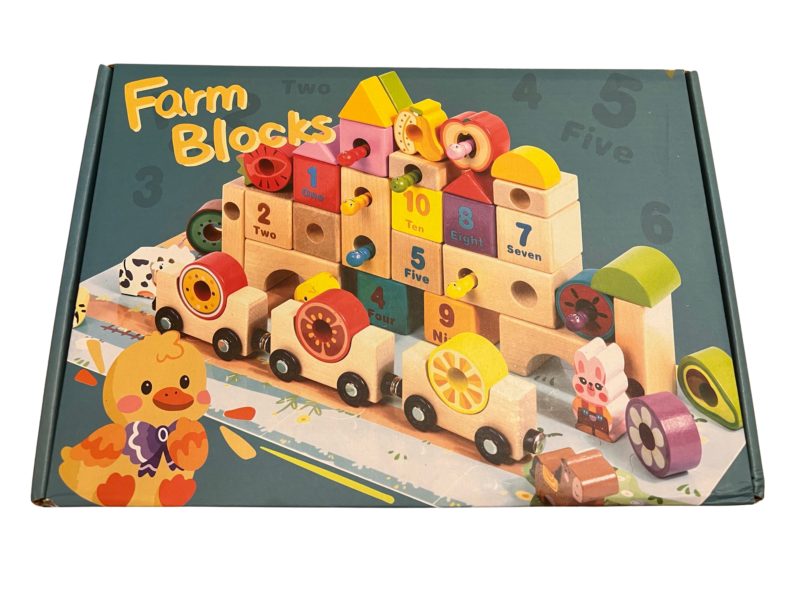 Joc educativ din lemn cu cuburi, vagoane magnetice, numere, fructe și animale Farm Blocks