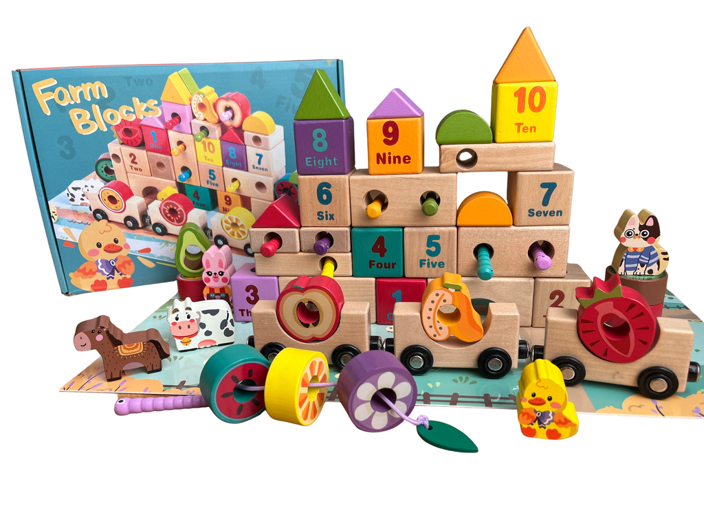 Joc educativ din lemn cu cuburi, vagoane magnetice, numere, fructe și animale Farm Blocks