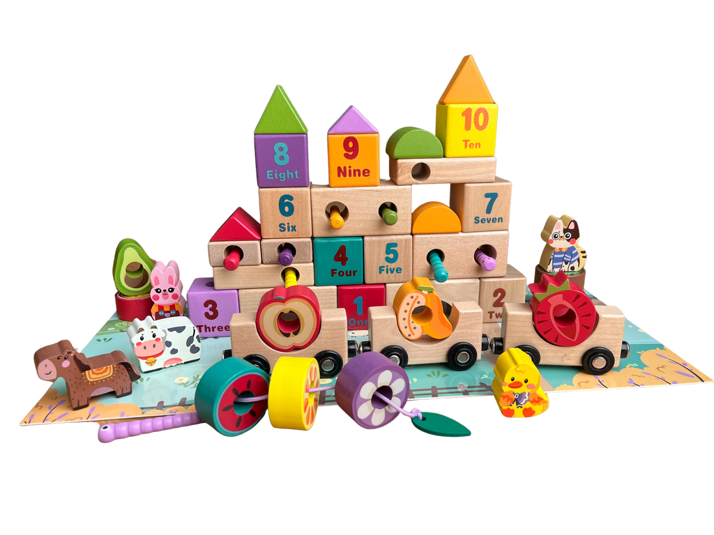 Joc educativ din lemn cu cuburi, vagoane magnetice, numere, fructe și animale Farm Blocks