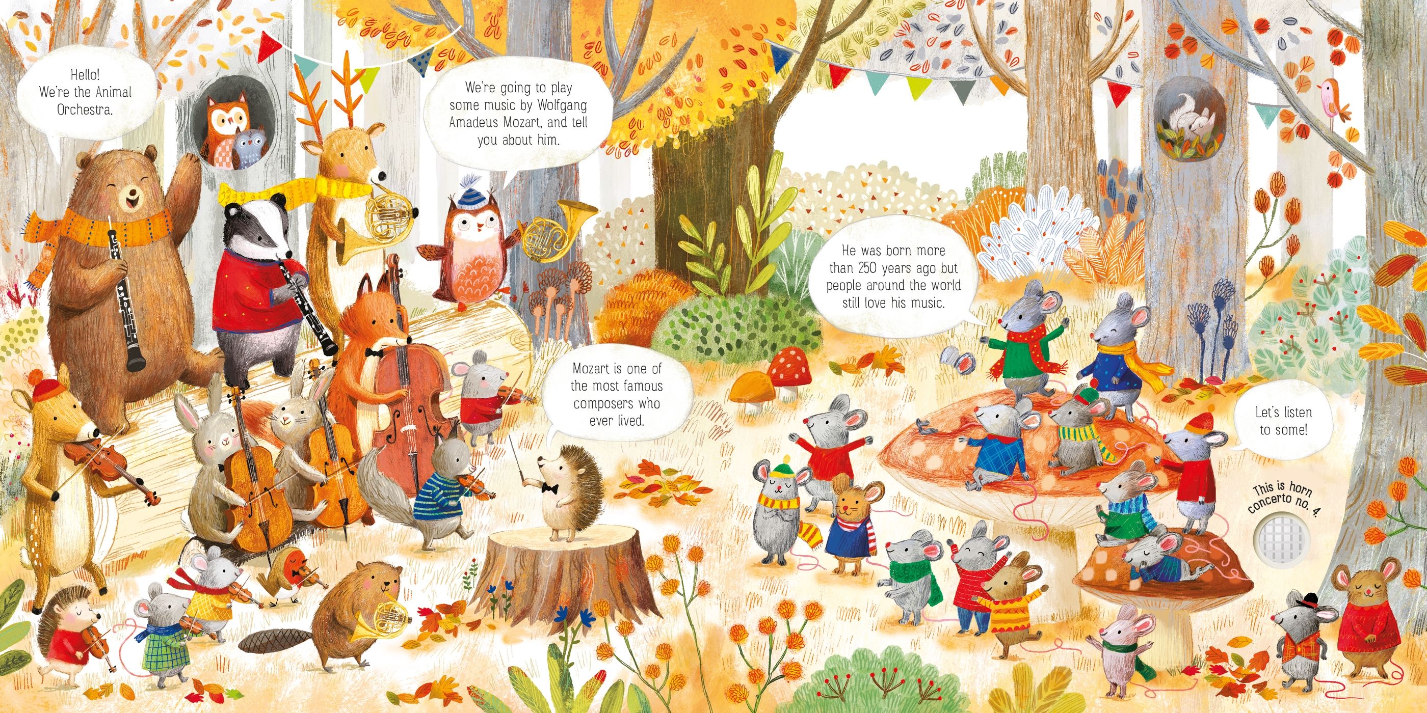 Carte interactiva cu sunete Orchestra animalelor canta Mozart, The Animal Orchestra Plays Mozart, Usborne, +6 luni