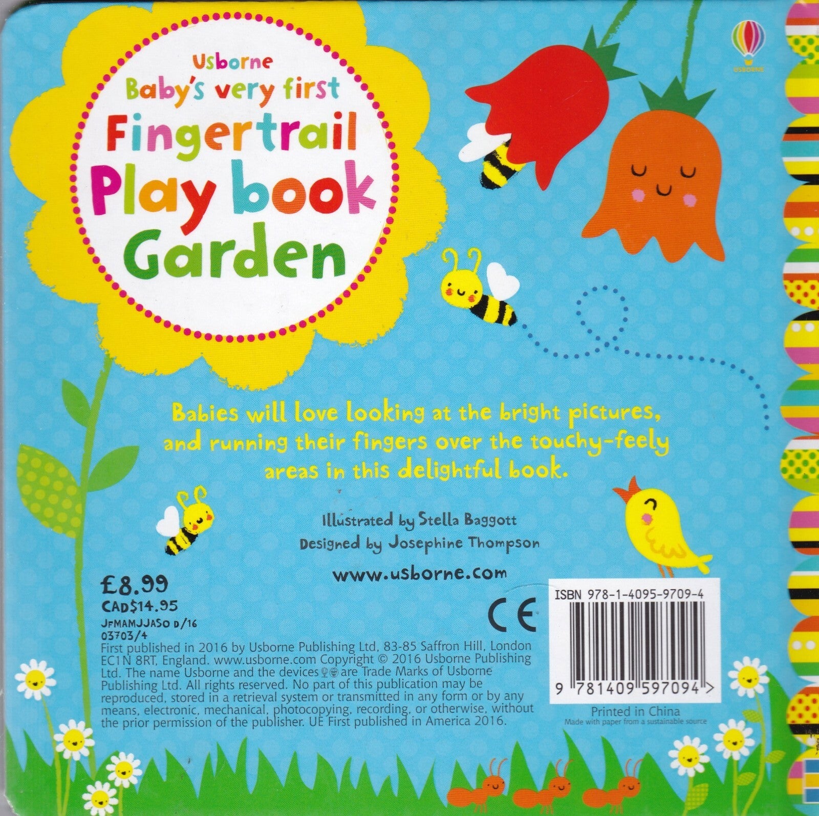 Carte senzoriala Prima mea carte de joaca cu trasee pentru degete: Gradina , Baby's Very First Fingertrail Playbook Garden, Usborne, +10 luni
