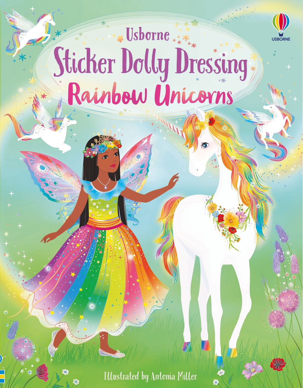 Carte cu stickere Sticker Dolly Dressing Rainbow Unicorns, Usborne, +5 ani