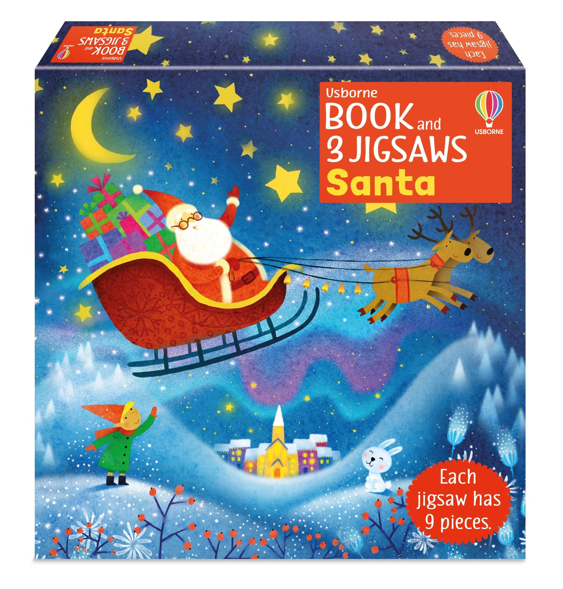 Carte cu 3 puzzle-uri a cate 9 piese cu Mos Craciun, Usborne, +3 ani