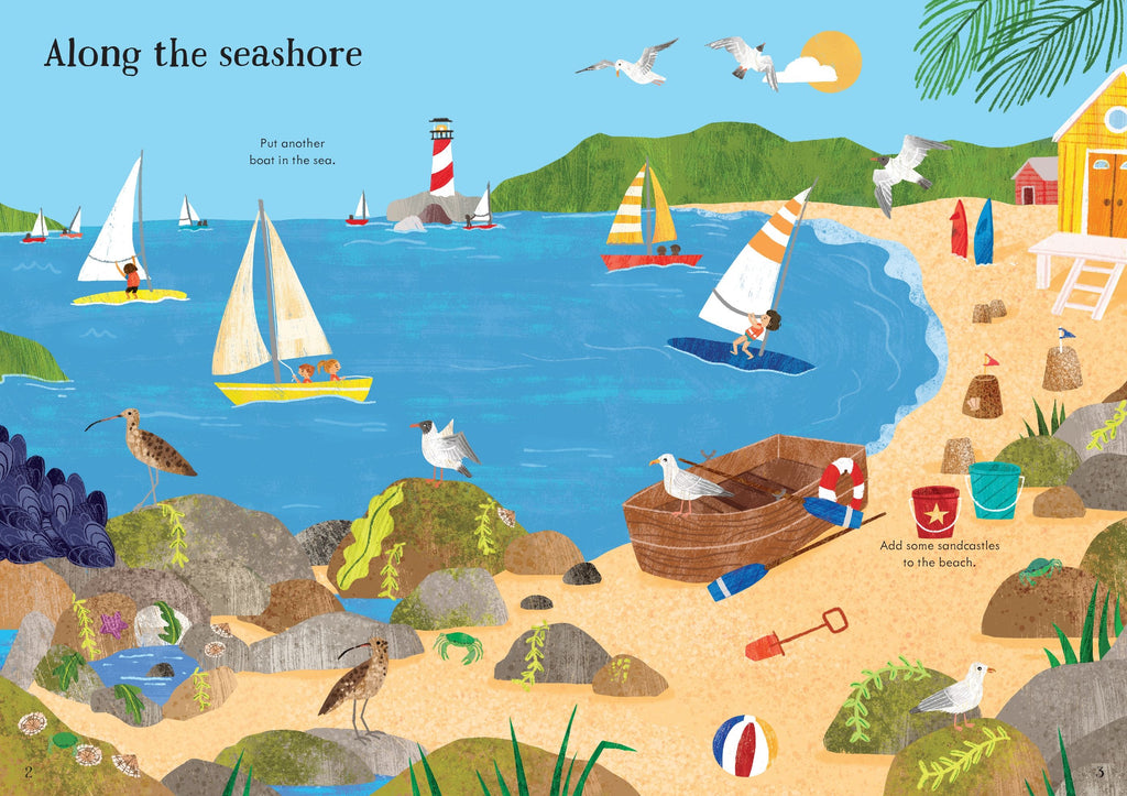 Carte interactiva cu 240 stickere La malul marii, Little First Stickers: Seashore, Usborne, +3 ani