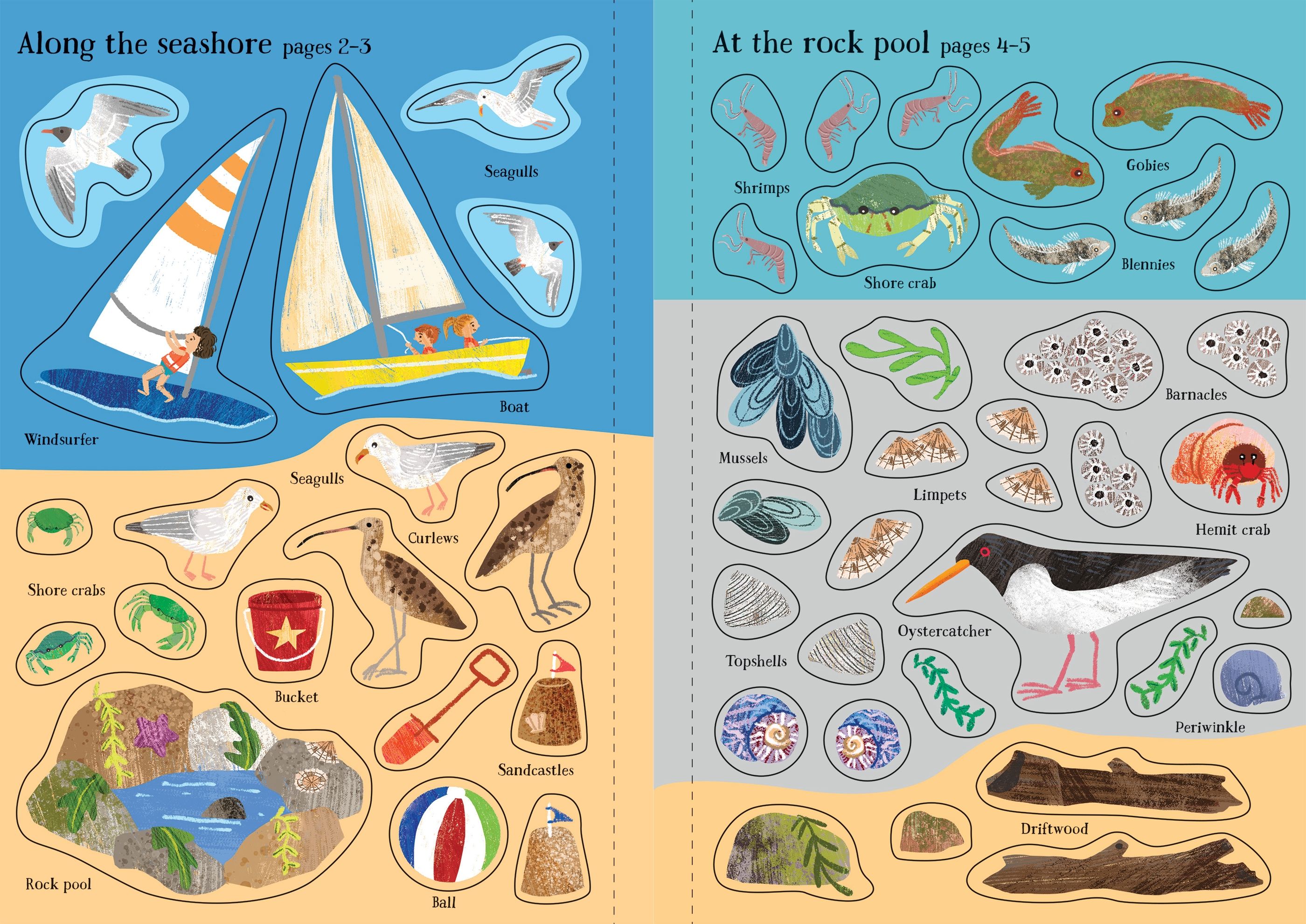 Carte interactiva cu 240 stickere La malul marii, Little First Stickers: Seashore, Usborne, +3 ani