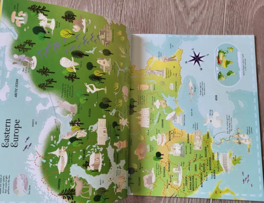 Carte cu stickere Atlasul lumii, Sticker Picture Atlas of the World, Usborne, +5 ani