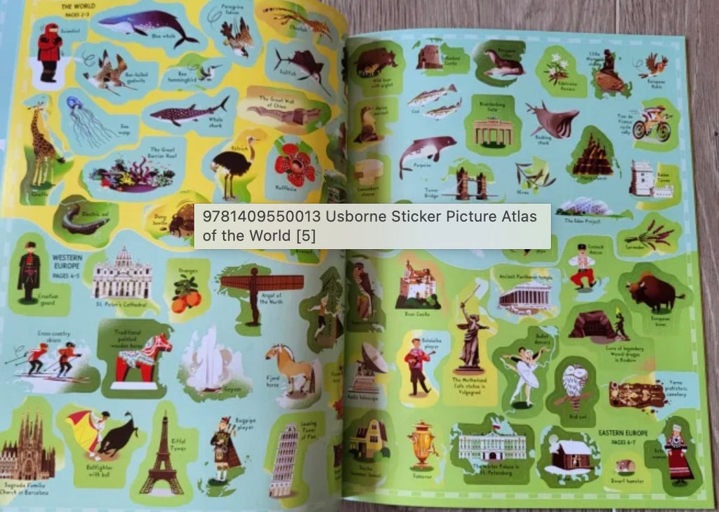 Carte cu stickere Atlasul lumii, Sticker Picture Atlas of the World, Usborne, +5 ani