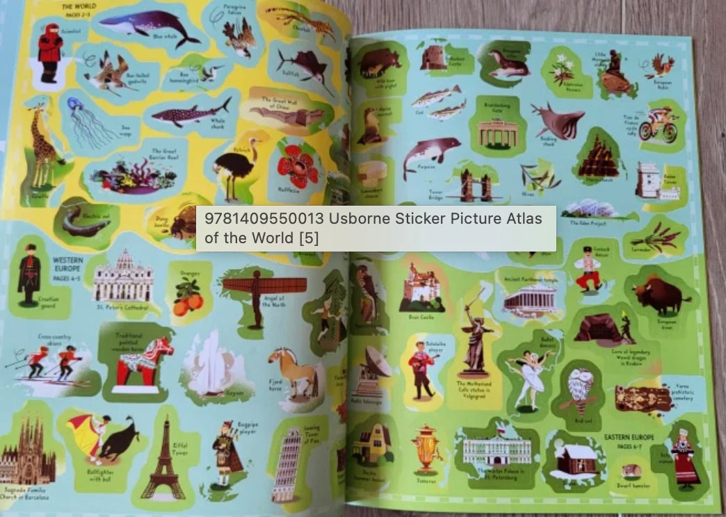 Carte cu stickere Atlasul lumii, Sticker Picture Atlas of the World, Usborne, +5 ani