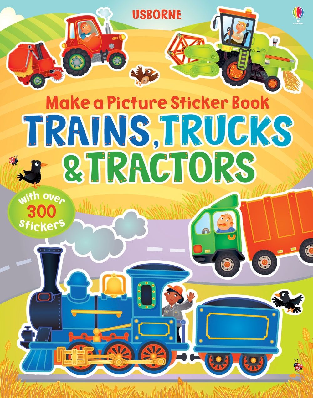 Carte cu stickere "Trenuri, camioane si tractoare", colectia "Make a Picture Sticker Book", Usborne, +3 ani