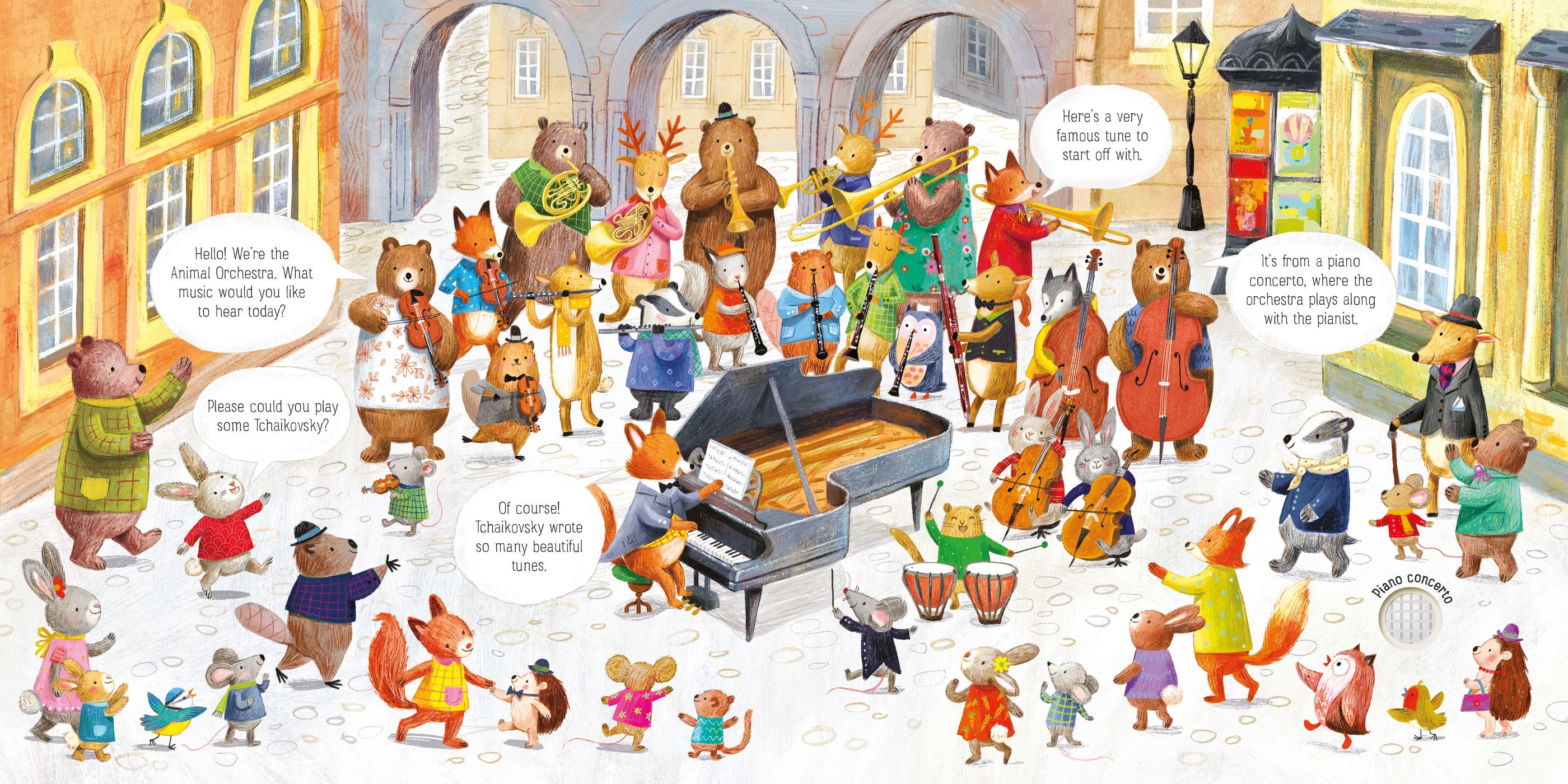 Carte interactiva cu sunete Orchestra animalelor canta Tchaikovsky, The Animal Orchestra Plays Tchaikovsky, Usborne, +6 luni