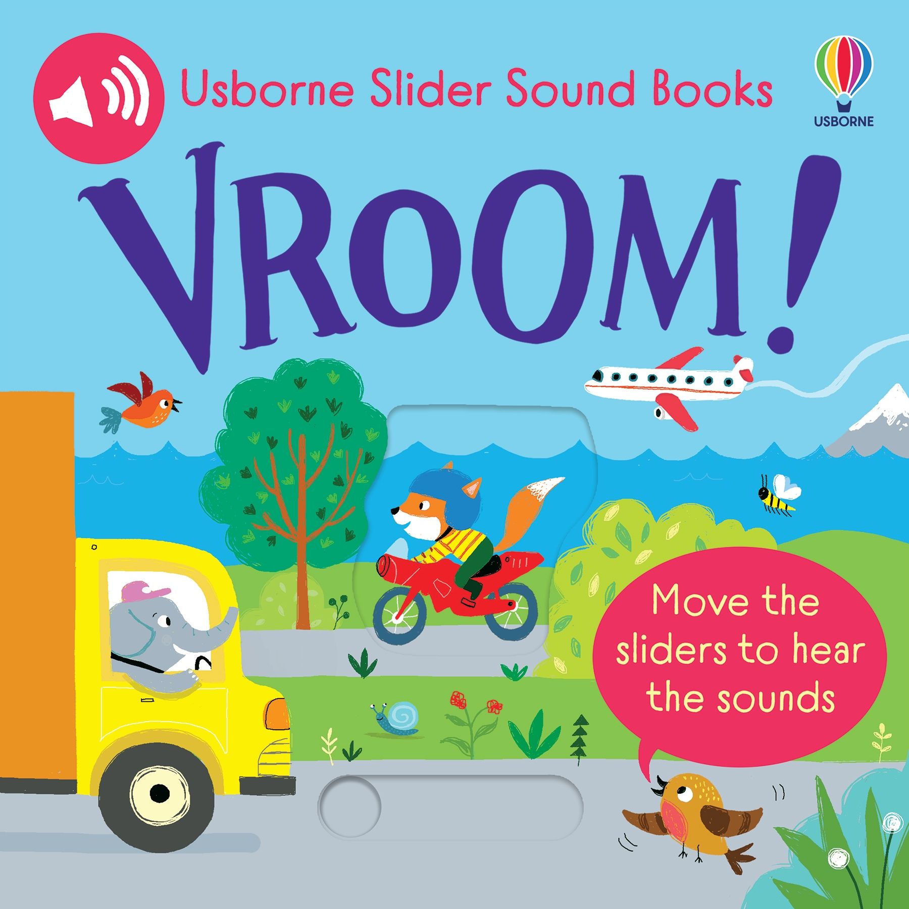 Carte interactiva pentru copii cu sunete si ferestre glisante Vroom! Slider Sounds Book, Usborne, +6 luni
