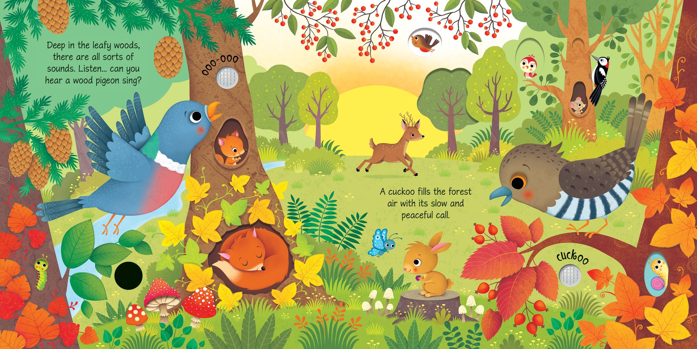 Carte cu sunete Sunetele padurii, Woodland Sounds, Usborne, +3 ani
