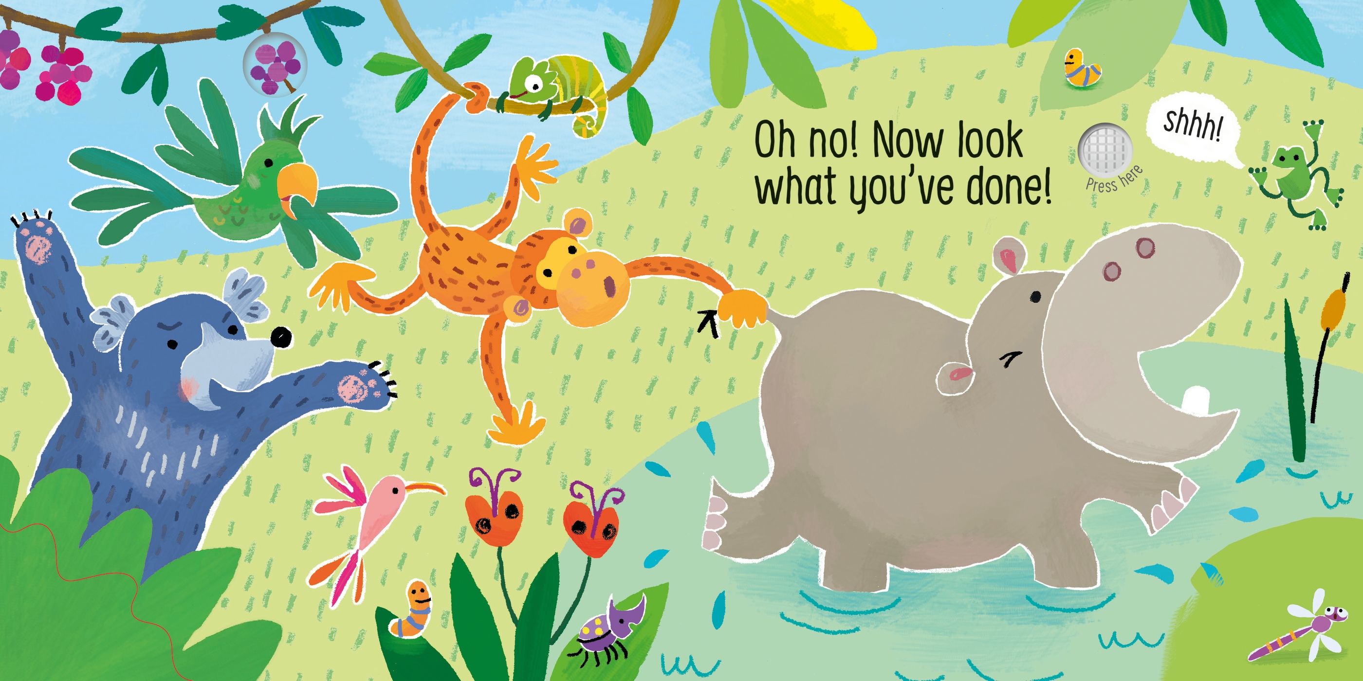 Carte senzoriala cu sunete Nu gadila hipopotamul!, Touchy-feely Don't tickle the Hippo!, Usborne, +6 luni